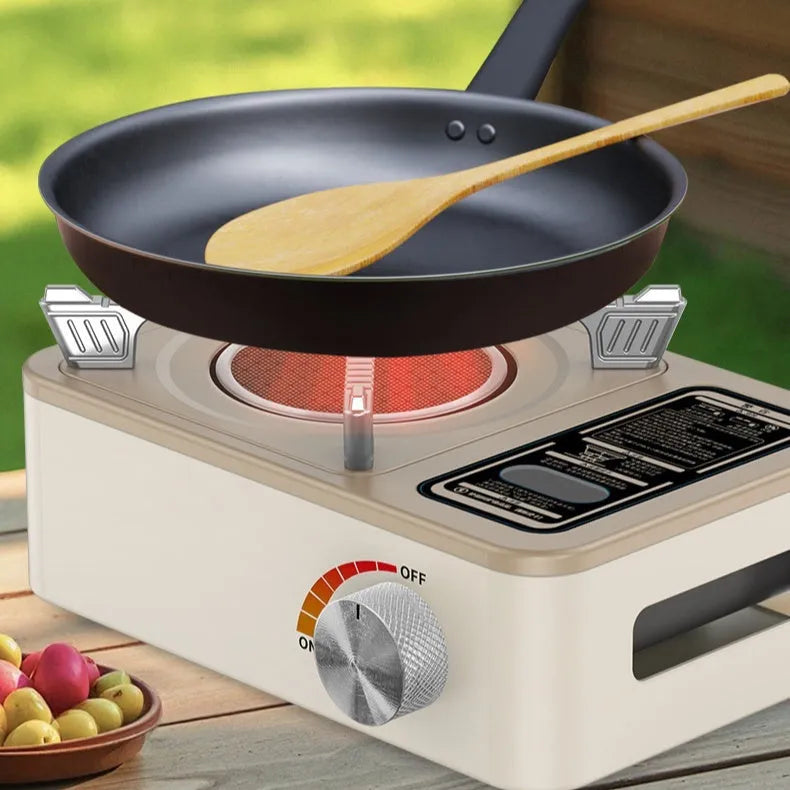 White portable infrared gas stove with stainless steel construction for outdoor camping use.