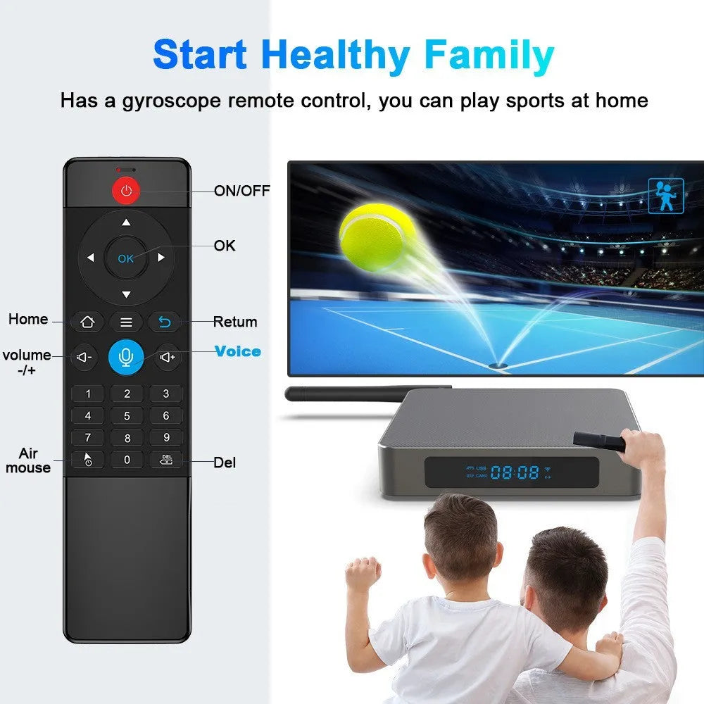 Black Android 8K TV set-top box with remote control, UK plug, and HDMI cable on a wooden surface.