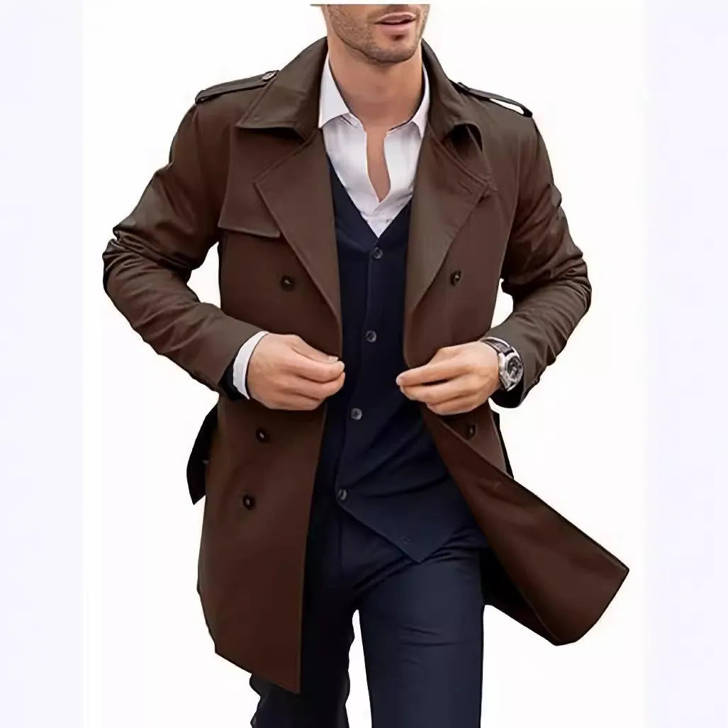 Men's double breasted mid length polyester coat in black, brown, and light gray, sizes M to 2XL