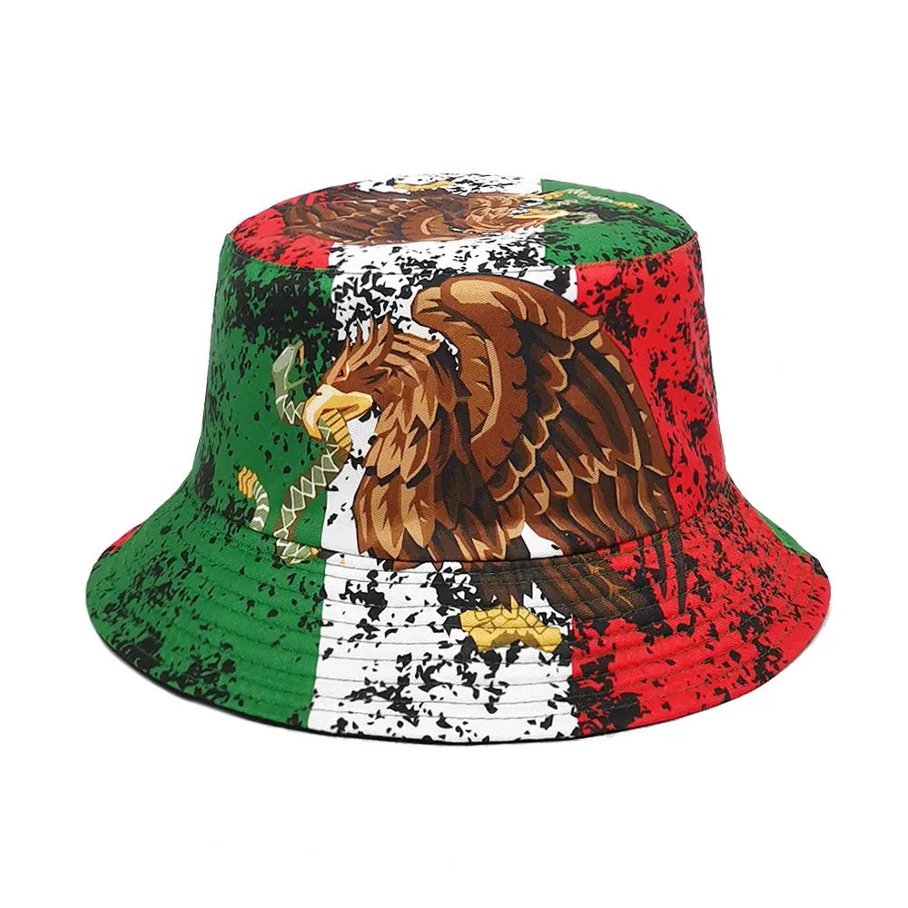 Eagle pattern retro bucket hat with dome crown in polyester fabric, size M for 56-58cm head circumference