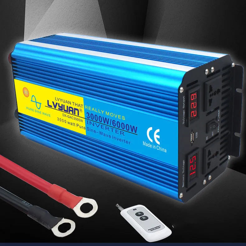 Blue 3000W car power inverter with digital displays converting 12V/24V to 220V pure sine wave