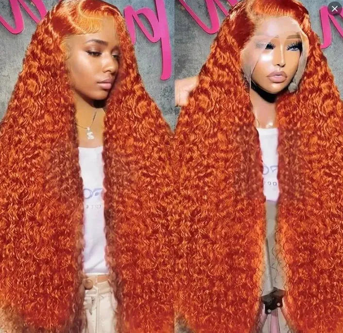 Women's front lace wig in long curly style with side bangs, small roll design, available in multiple colours and sizes