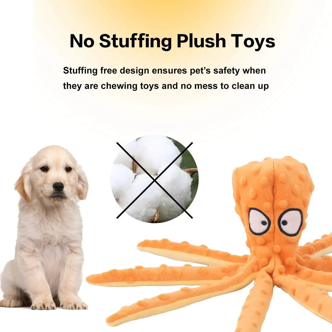 Blue octopus-shaped plush dog toy with crinkle paper and squeaker features on a plain background.