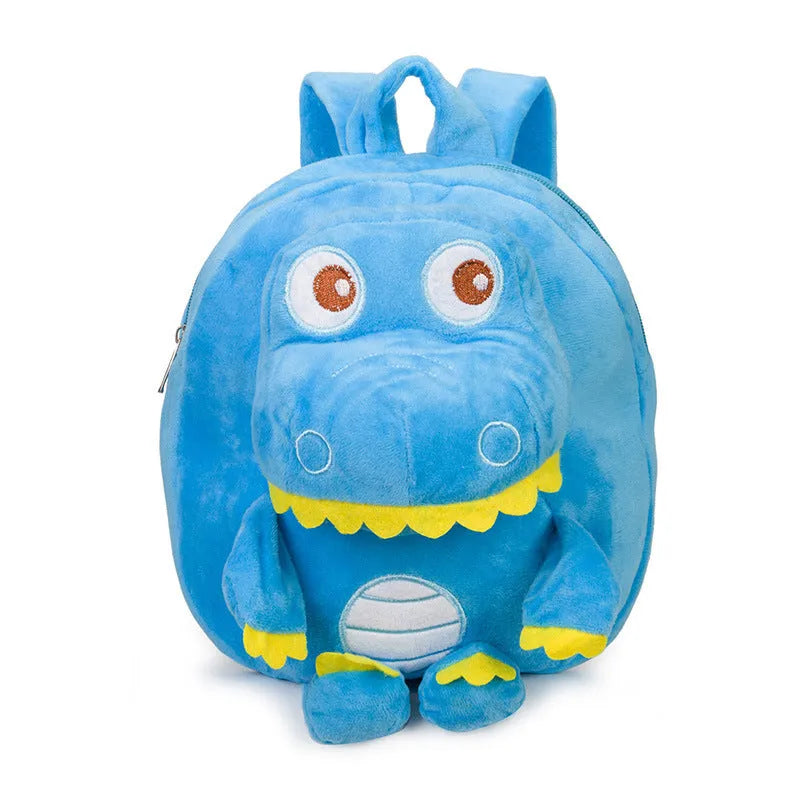 Blue dinosaur plush backpack with embroidered character, soft handle, and backpack straps showing 20-litre capacity
