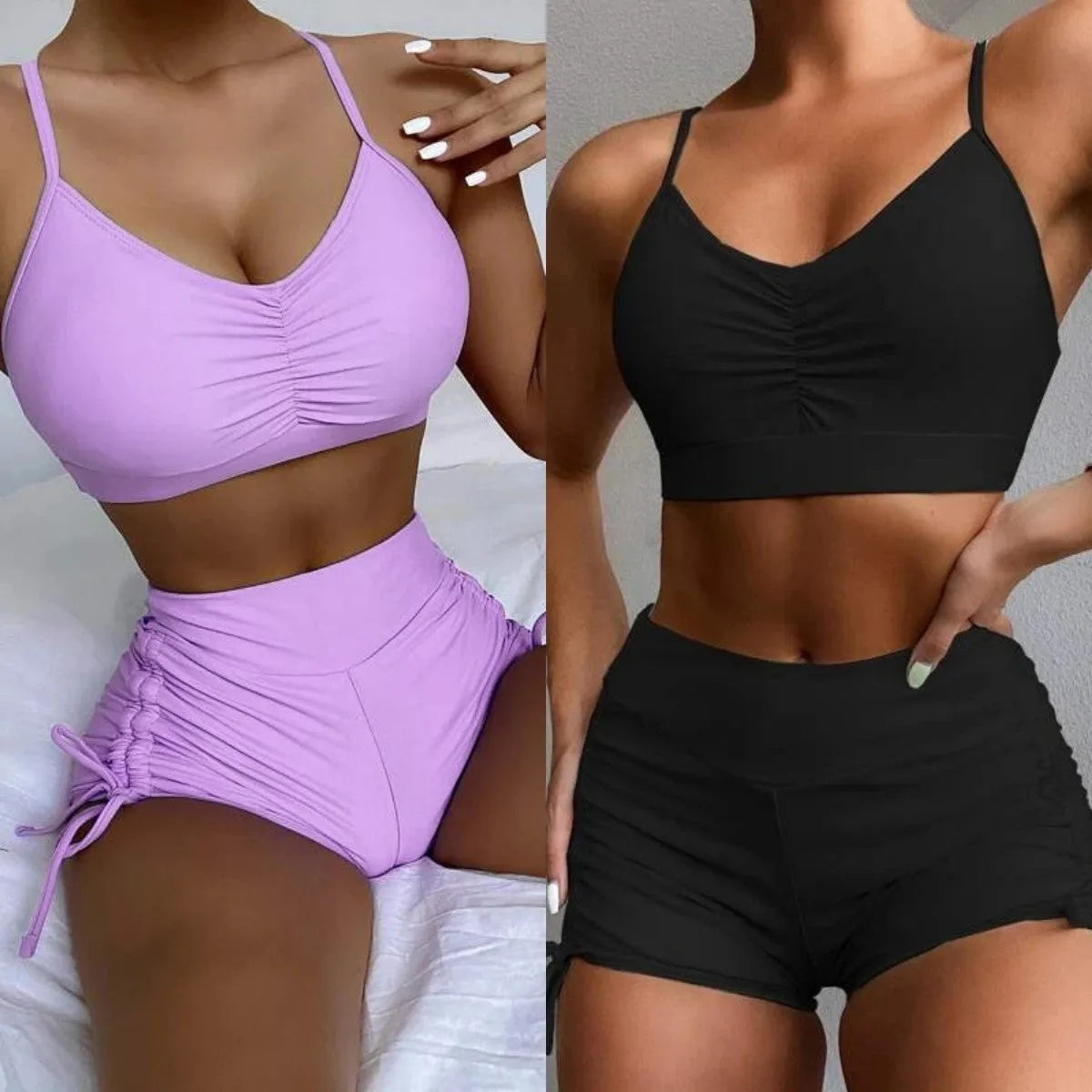 Women's black and violet high waist split bikini swimsuit for surfing and swimming.