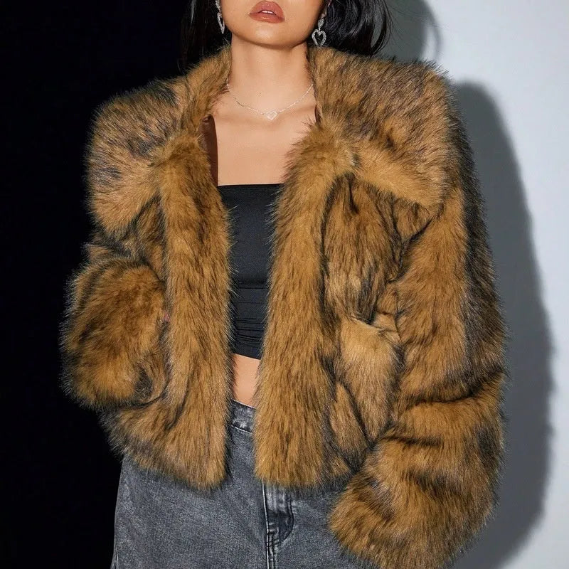 Artificial fur coat with fur collar in short 40cm length showing thick fabric texture