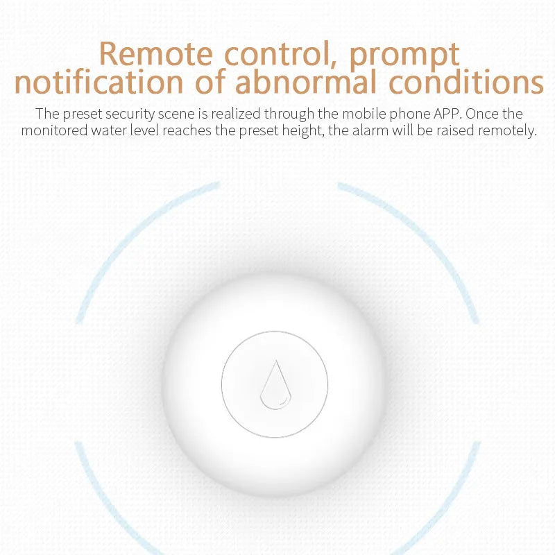 Zigbee wireless water flood sensor on a white background, showing compact size and battery compartment.
