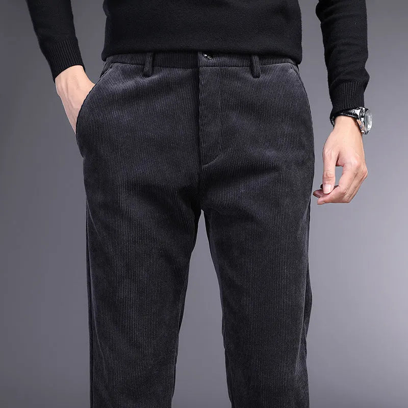 British retro striped straight-leg trousers in polyester blend fabric on size chart