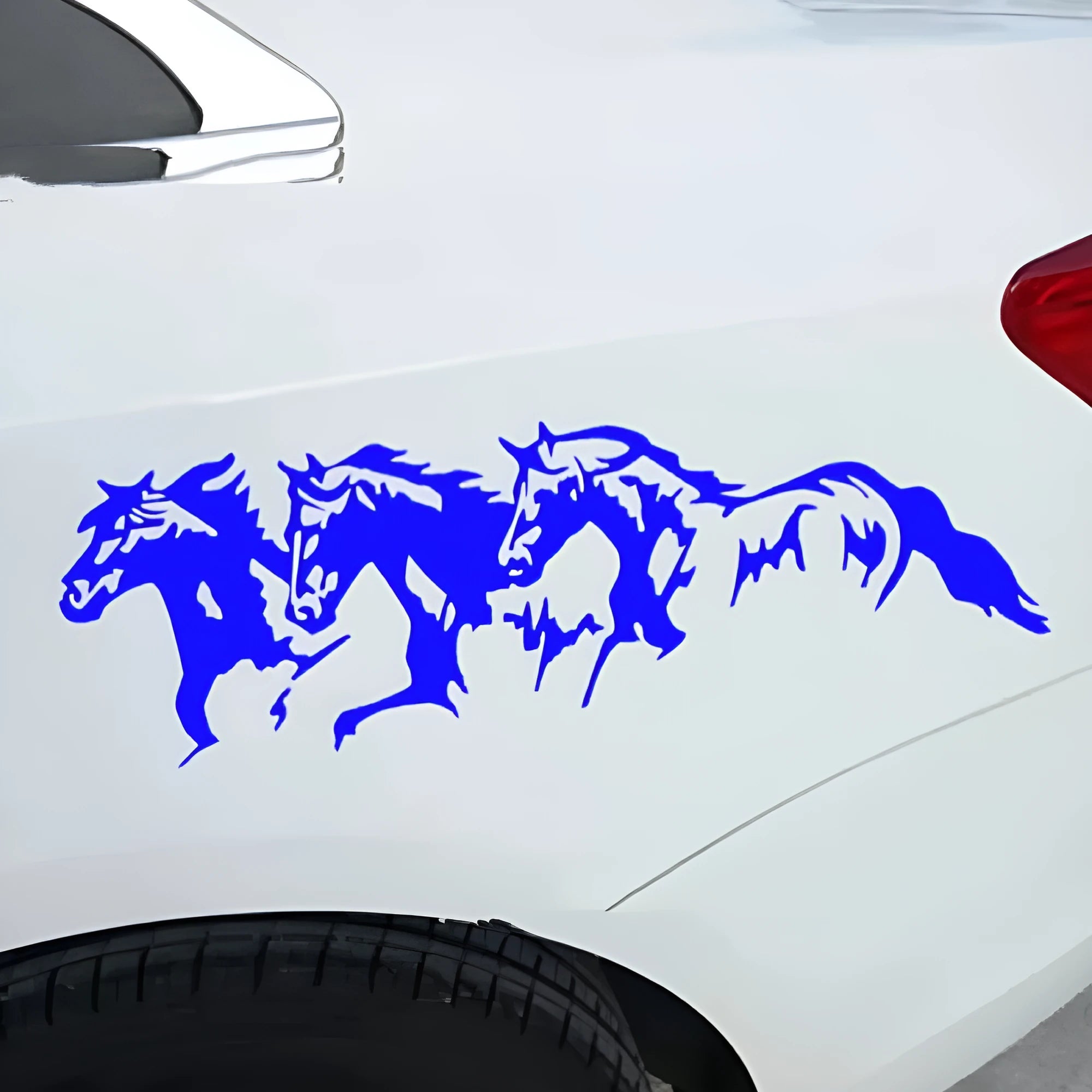 Three horses automotive decal sticker on vehicle body panel showing detailed equestrian design