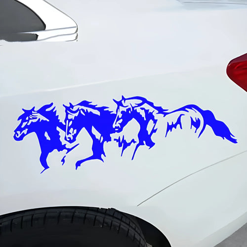 Three horses automotive decal sticker on vehicle body panel showing detailed equestrian design