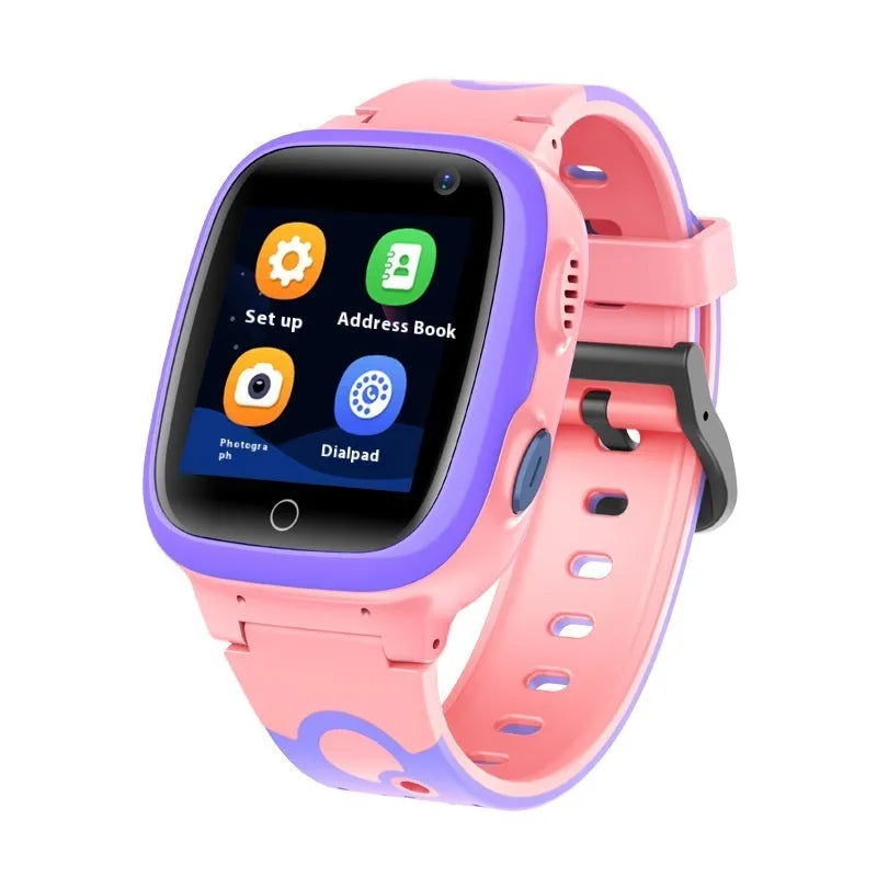 Children's smart positioning watch with 1.44 screen, waterproof silicone ABS strap, touch button, pink or blue.