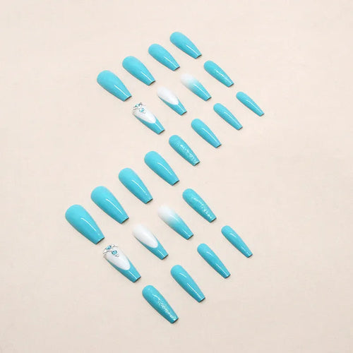 Smart blue diamond coloured press-on artificial nails in a ballet length style.