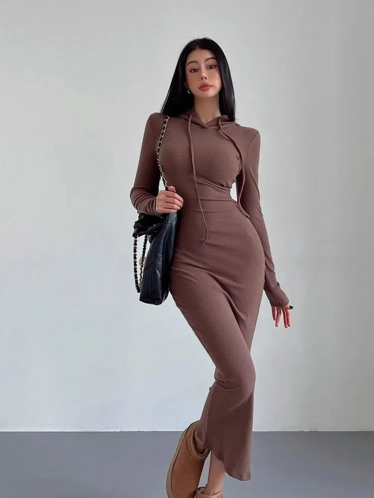 Women's long hooded dress with long sleeves and a sheath silhouette in polyester.