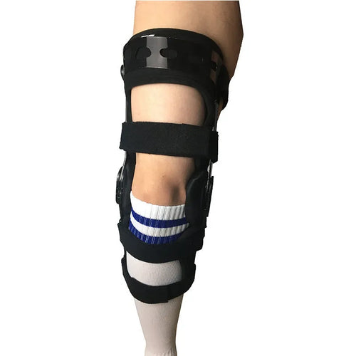 Black anterior ligament knee pad with plastic hinge components and sponge padding