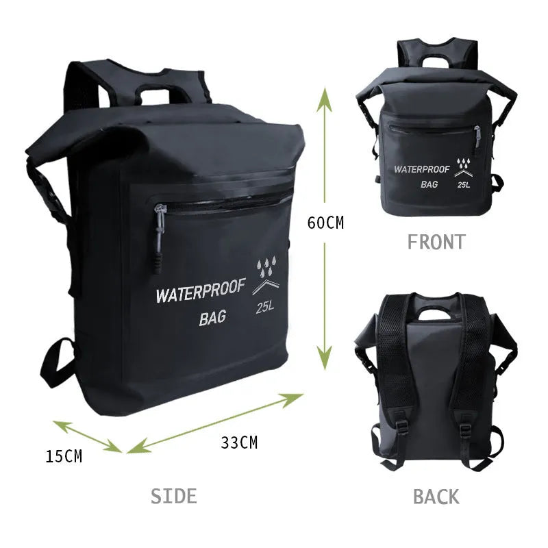 Black 25 litre waterproof backpack for outdoor swimming and rafting activities