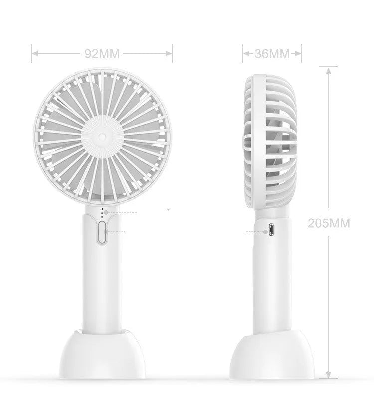 Blue handheld mini electric fan with USB cable and three-speed control on desktop