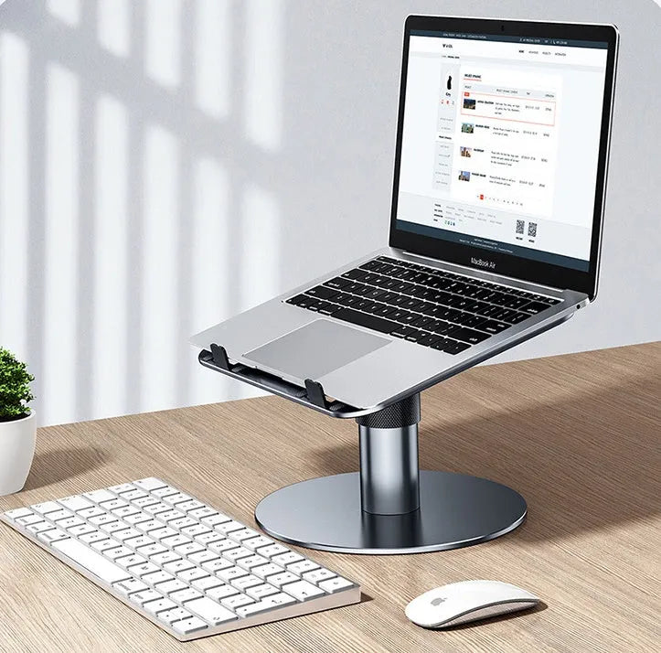 Silver aluminium car laptop stand with height adjustment and rotating base