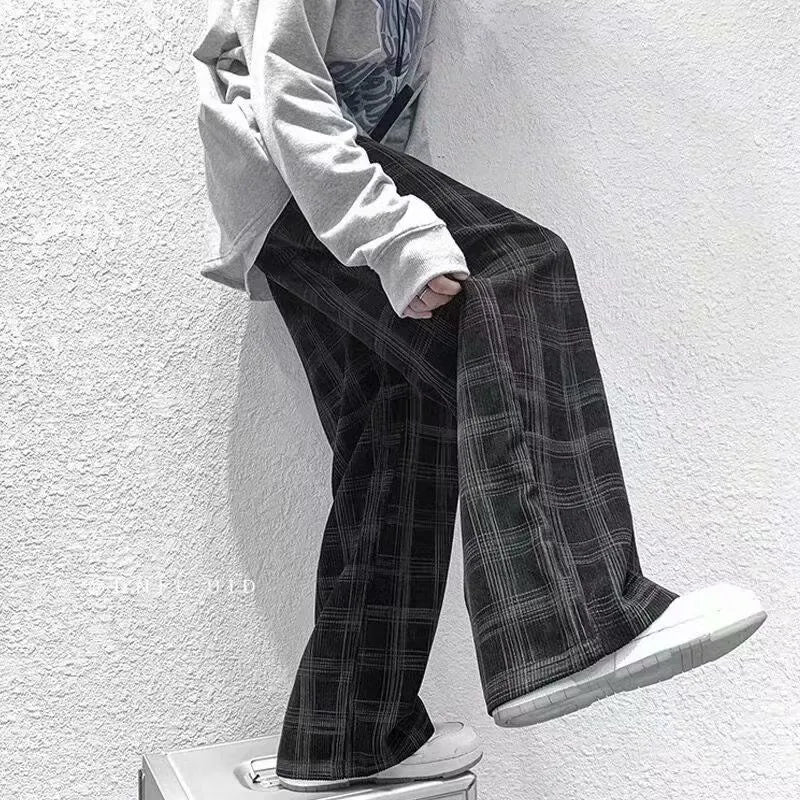 Black and green plaid Japanese retro loose trousers with straight-leg design