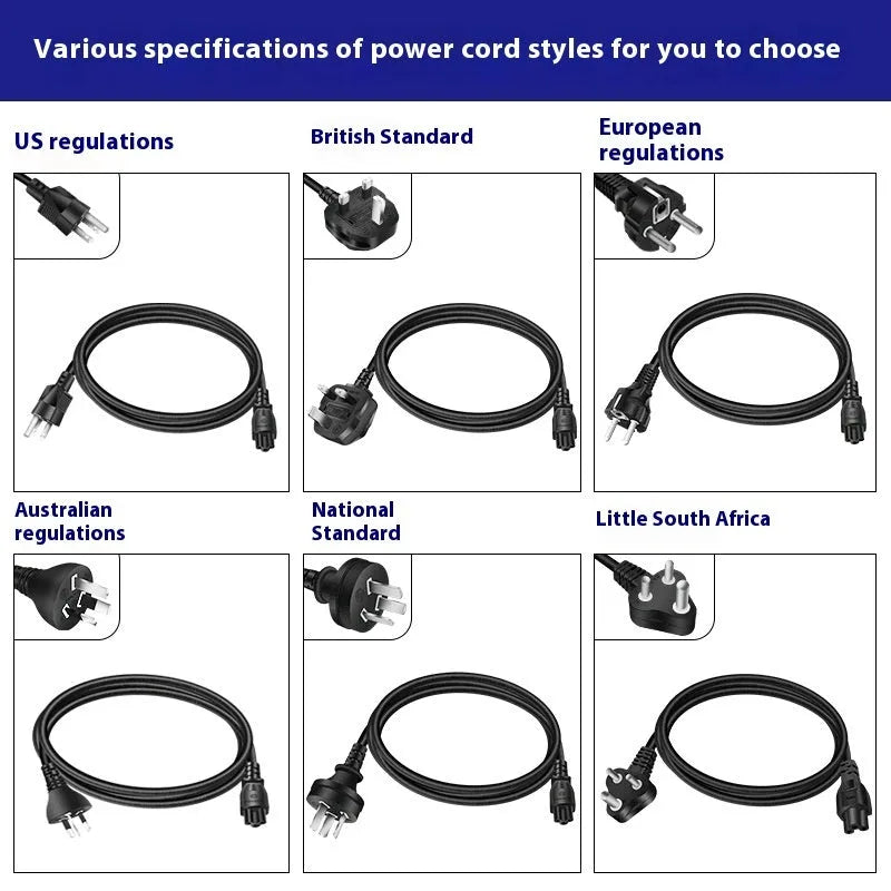 Black oval 65W Type-C laptop power adapter with multiple international plug configurations