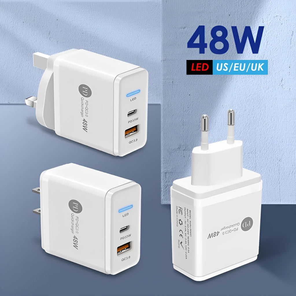 PD48W travel charger with USB-C port and multiple plug variants for UK, EU and US regions