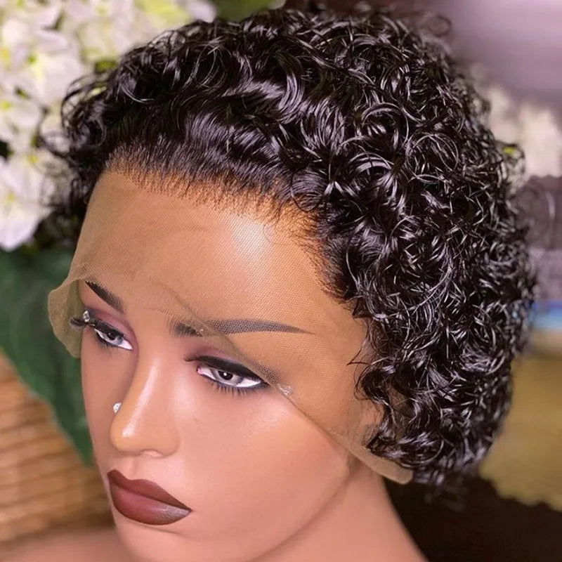 Black human hair pixie wig lace cover in 13x1 colour