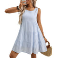 Women's loose-fit sleeveless plaid dress with high waist and swing skirt in light blue.