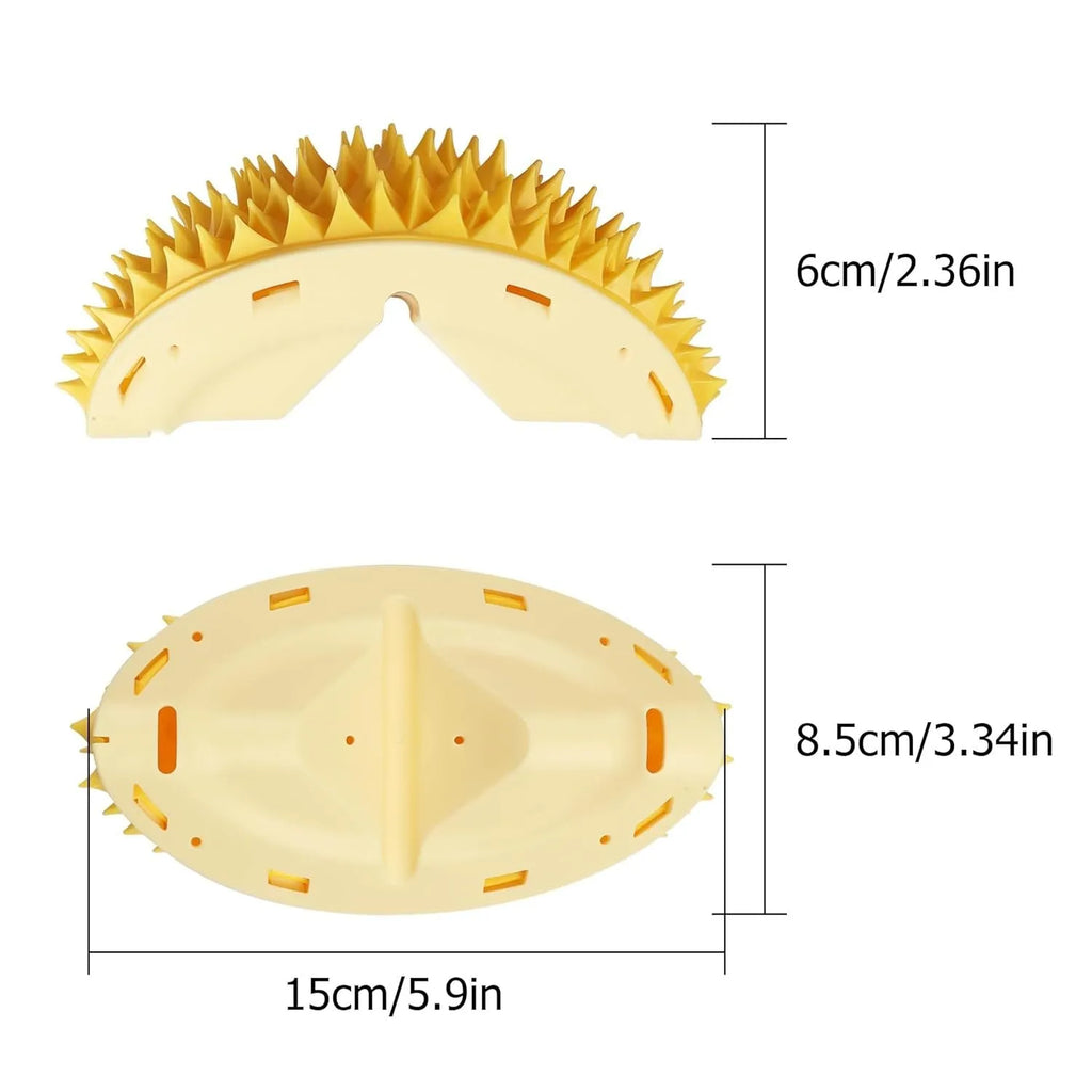 Yellow durian-shaped cat corner scratcher and grooming comb mounted on a wall corner.