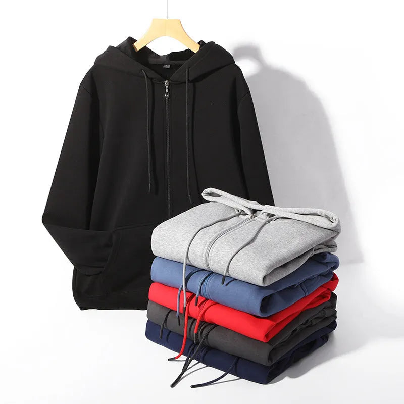 Plus size man wearing a beige heavyweight zipper hooded sweater with top-stitched pockets.