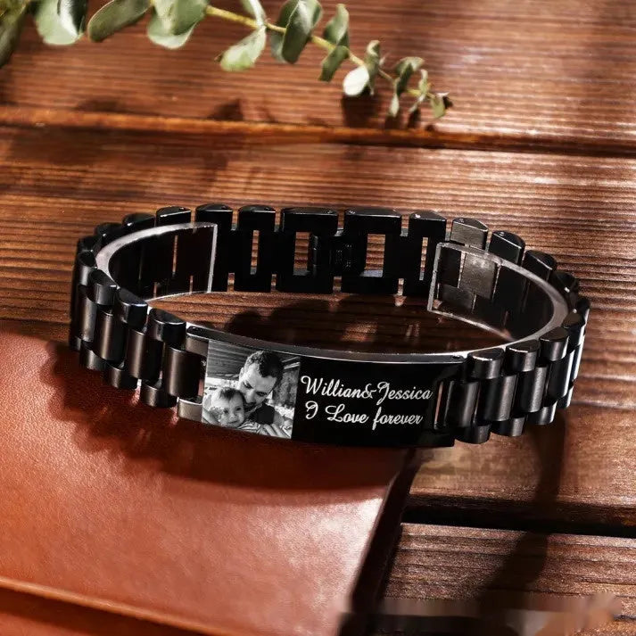 Men's titanium steel bracelet with curved heart shape featuring black personalisation text