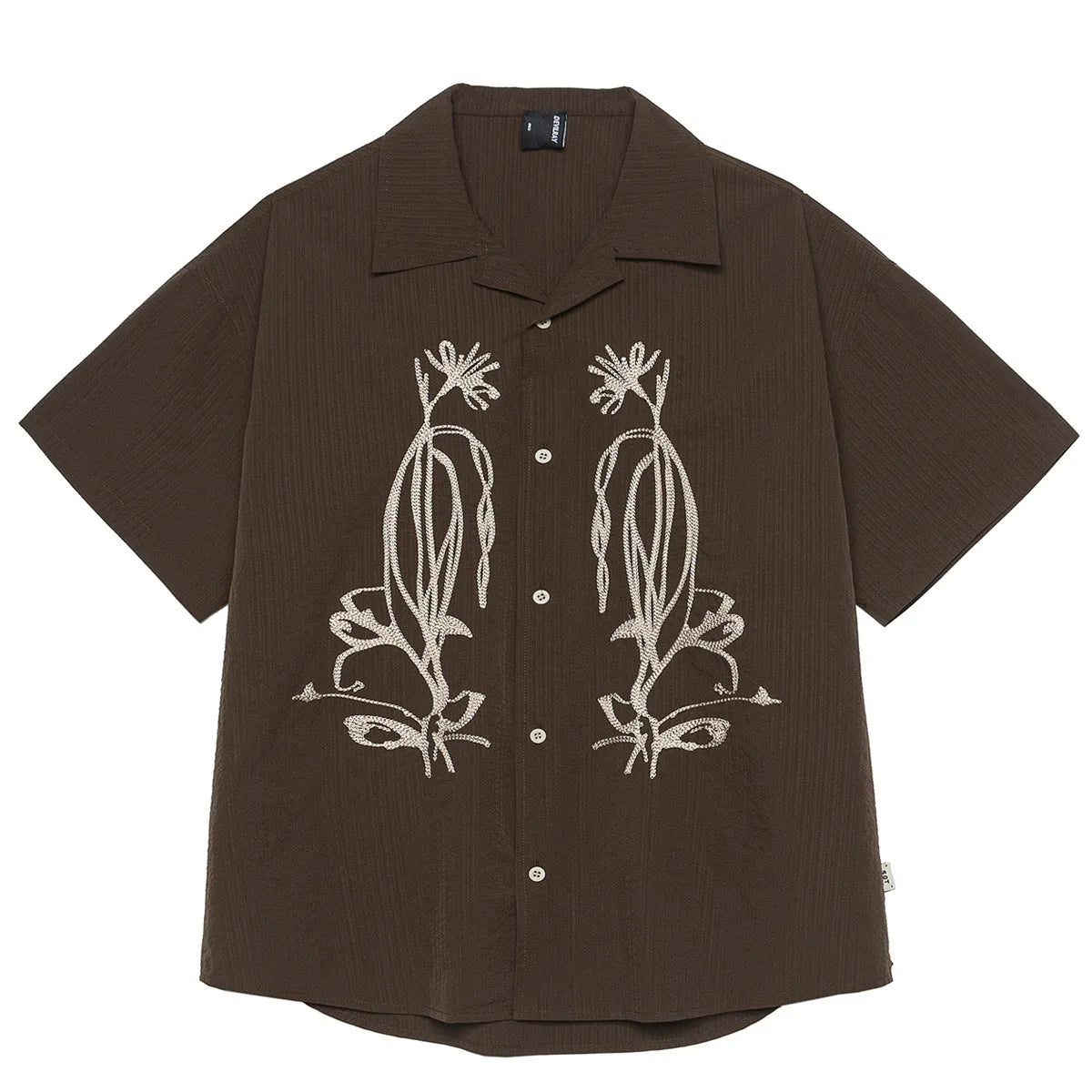 Men's brown striped Cuban collar short sleeve outdoor shirt