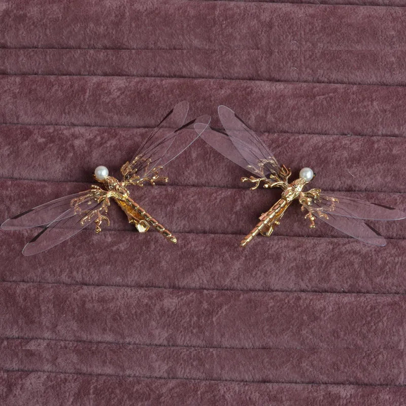Golden dragonfly-shaped side clip headdress for women with electroplated alloy construction