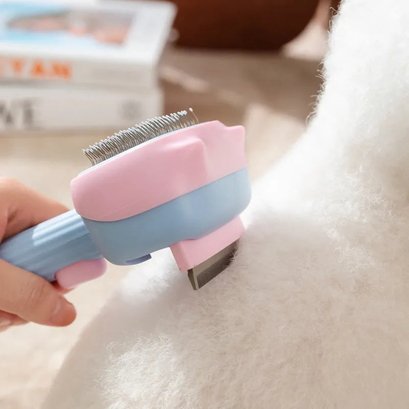 Blue and green pet grooming brush with a double-sided head for deshedding and dematting.