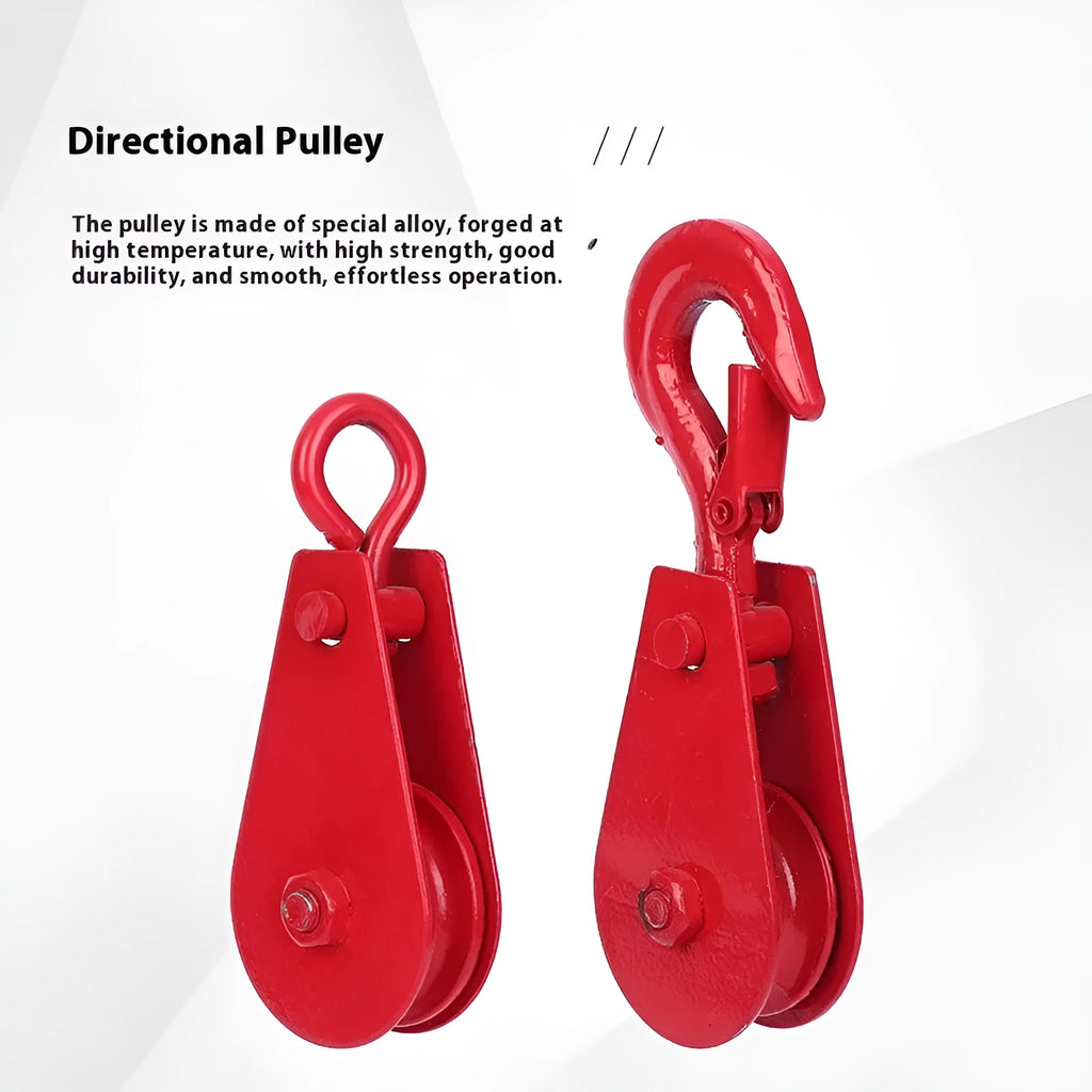 Small red industrial lifting pulley with a steel hook and safety latch for wire rope.