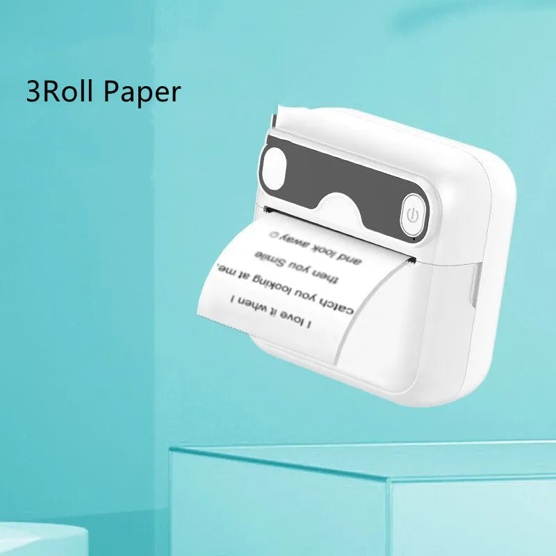 Portable Bluetooth thermal printer with 57x30mm paper rolls and 1000mAh battery, 85x54x8.44mm body