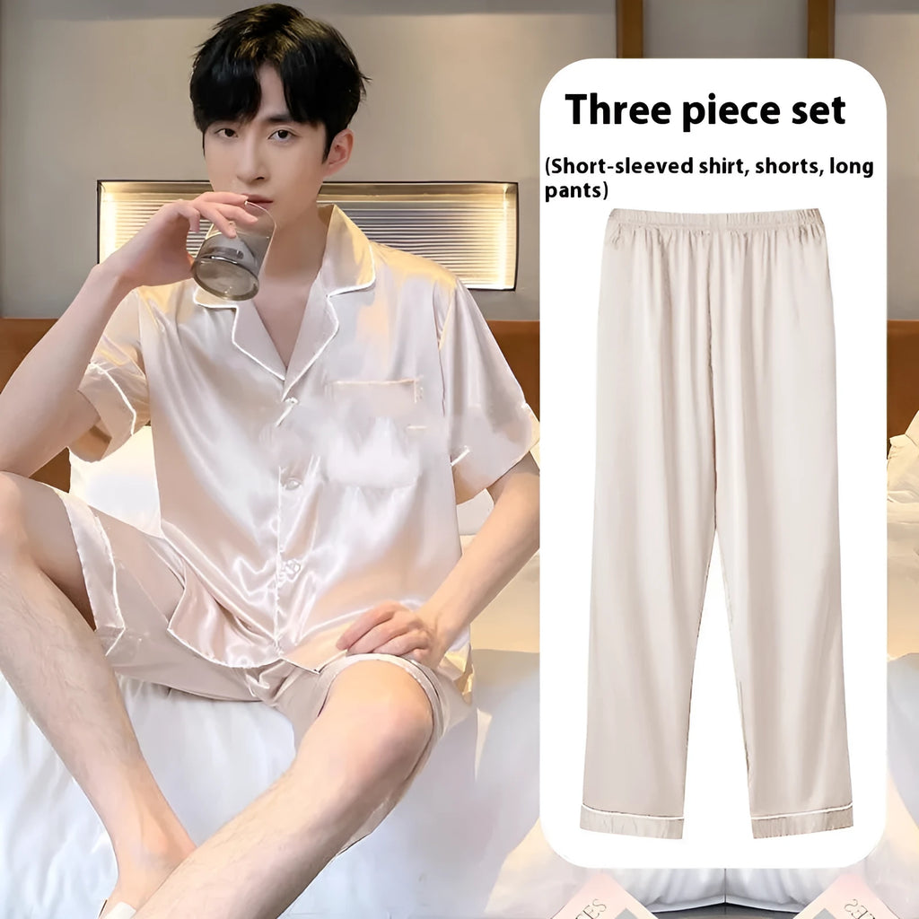 Men's ice silk three-piece home wear set showing trousers, shorts, and top in one of seven available colours.
