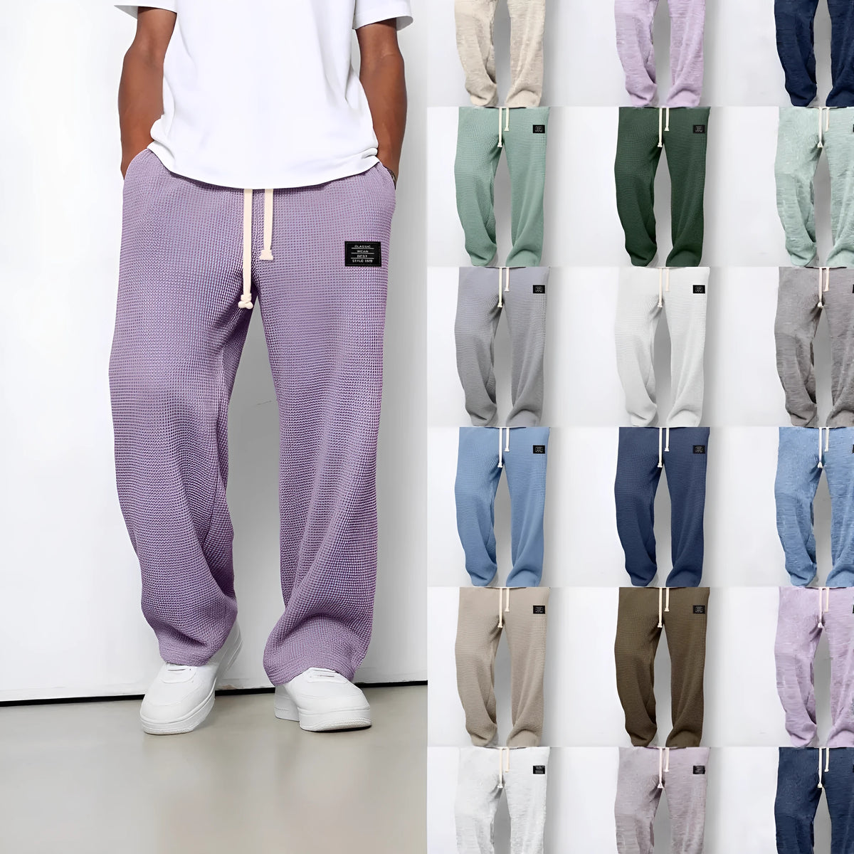 Men's loose straight-leg polyester waffle casual sports trousers, mid-high waist, eight colours, autumn