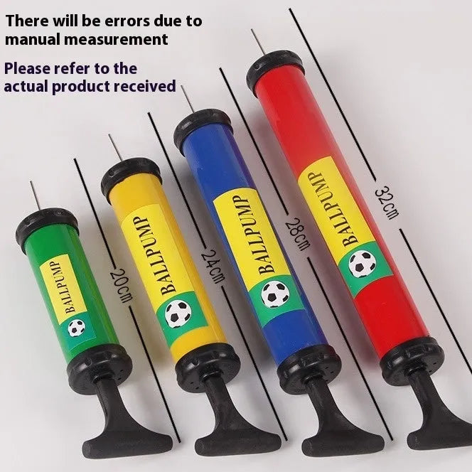 A plastic manual hand pump cylinder for inflating basketballs, volleyballs, and footballs.