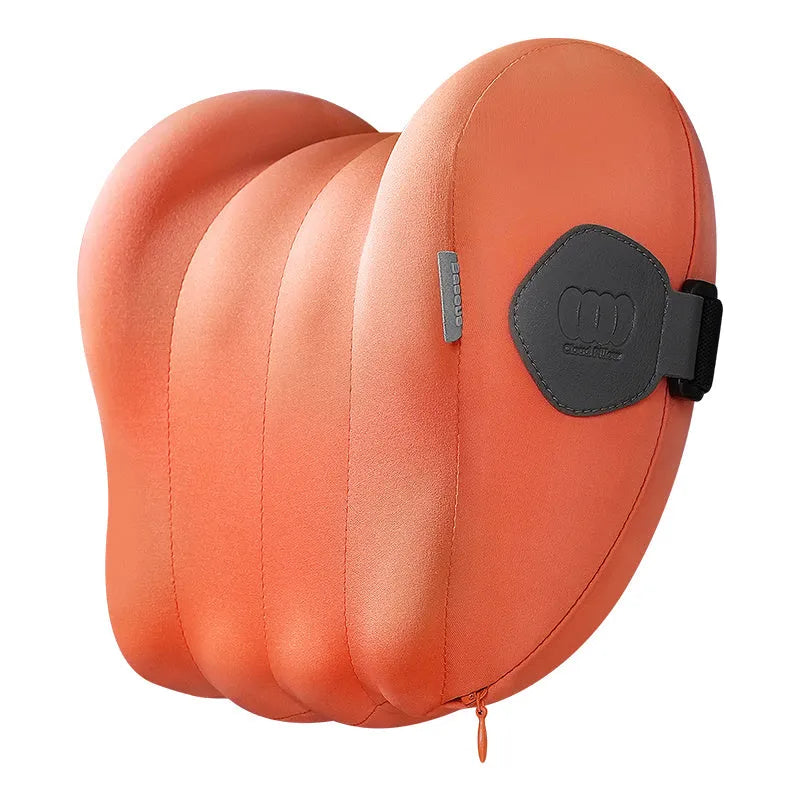Grey and orange car head restraint neck guard with matching waist pillow