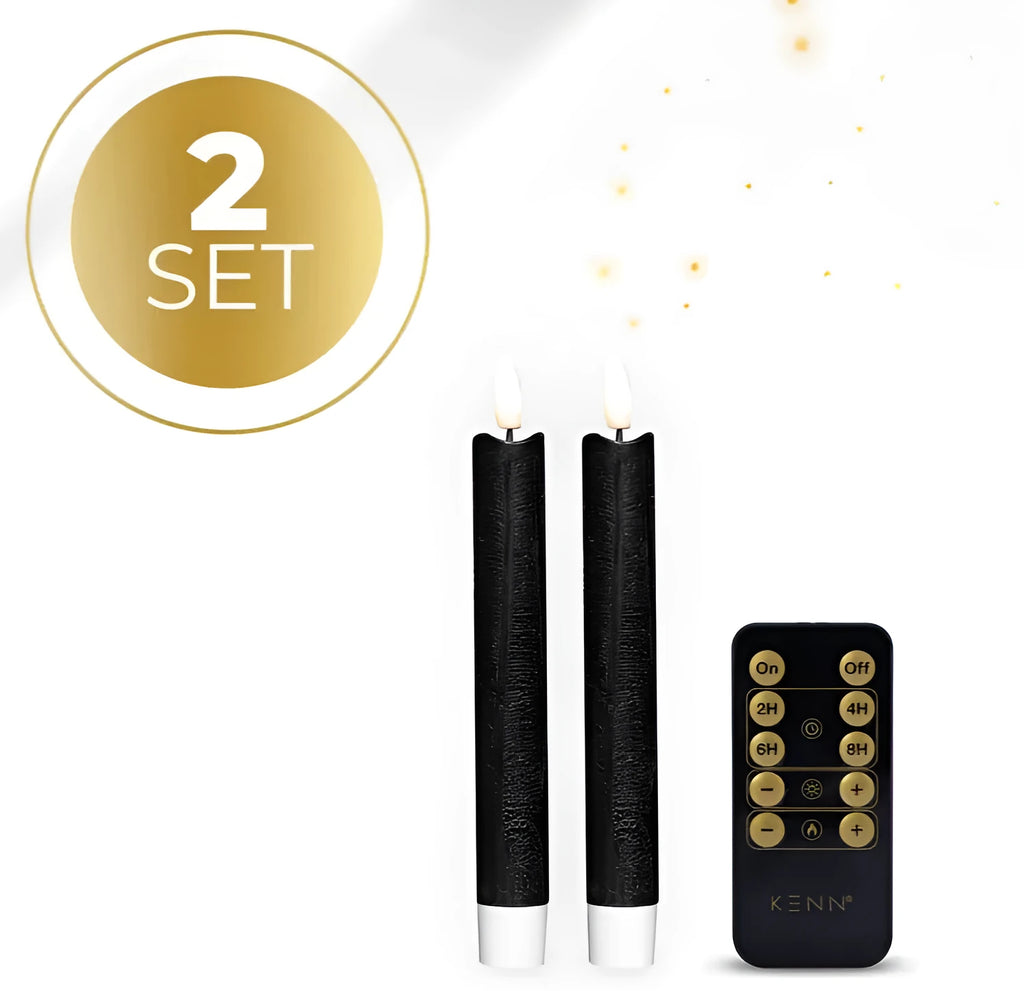 Black S2 3D Flame LED Taper Candle showing realistic flickering effect at 18cm height