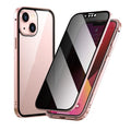 Privacy-proof magneto iPhone case with metal frame in various colours including black, red, gold, and light purple.