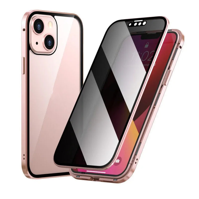 Privacy-proof magneto iPhone case with metal frame in various colours including black, red, gold, and light purple.