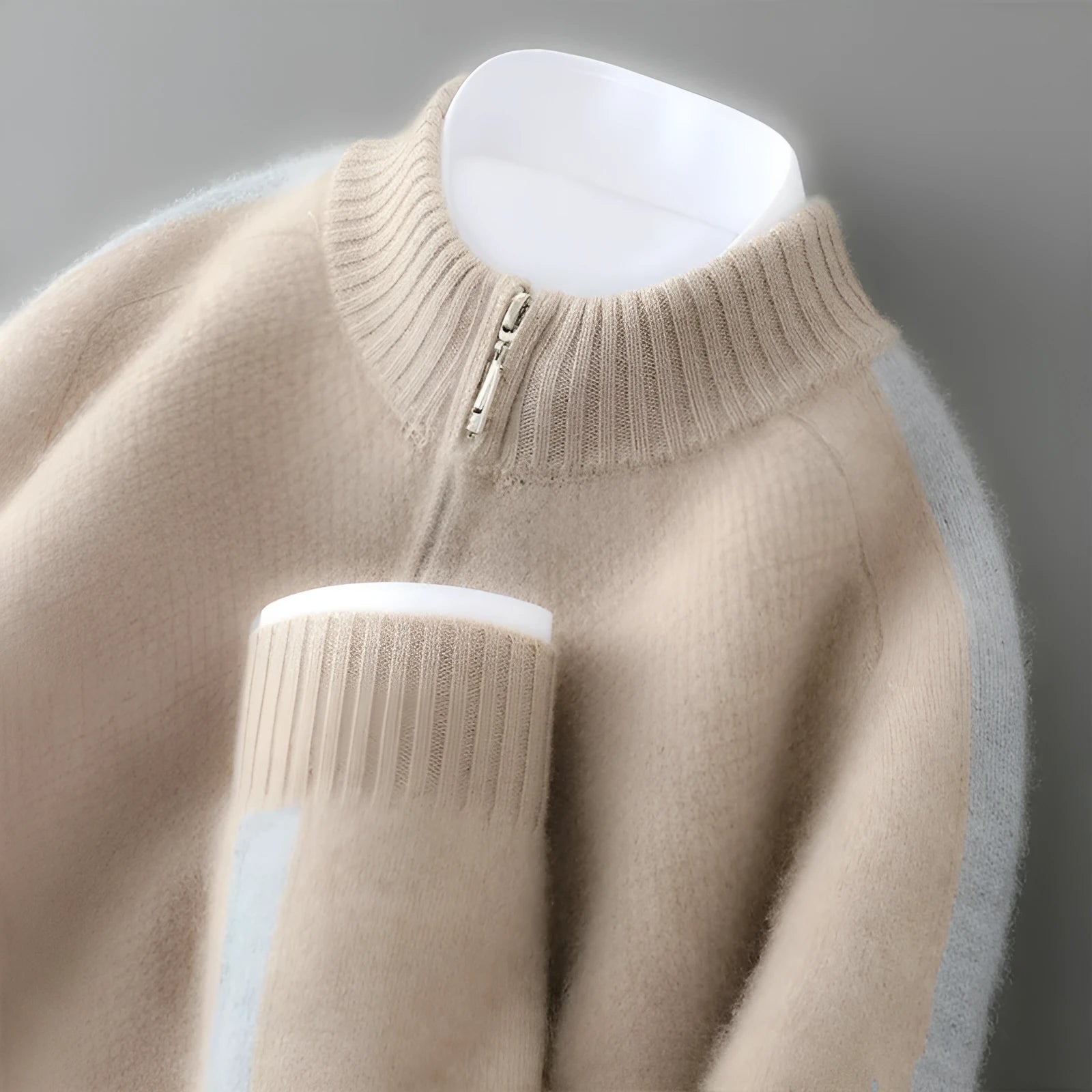 Slim-fit half-zip knitted sweater in sheep wool, shown in raw velvet camel colour