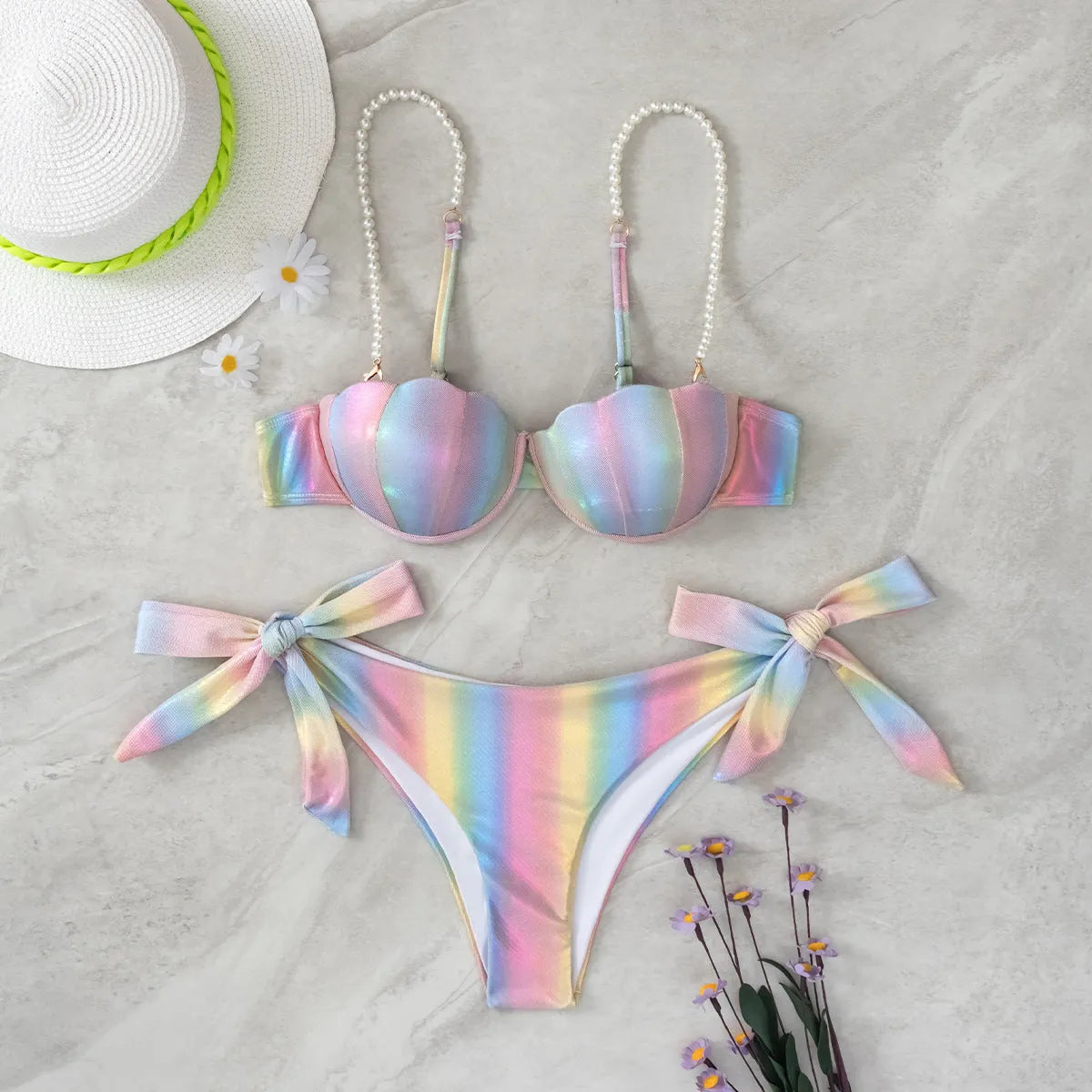 Women's shell rainbow pattern bikini swimsuit with split design and tied back detail
