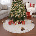 Plush Christmas tree decorative floor mat in red and green on a wooden floor