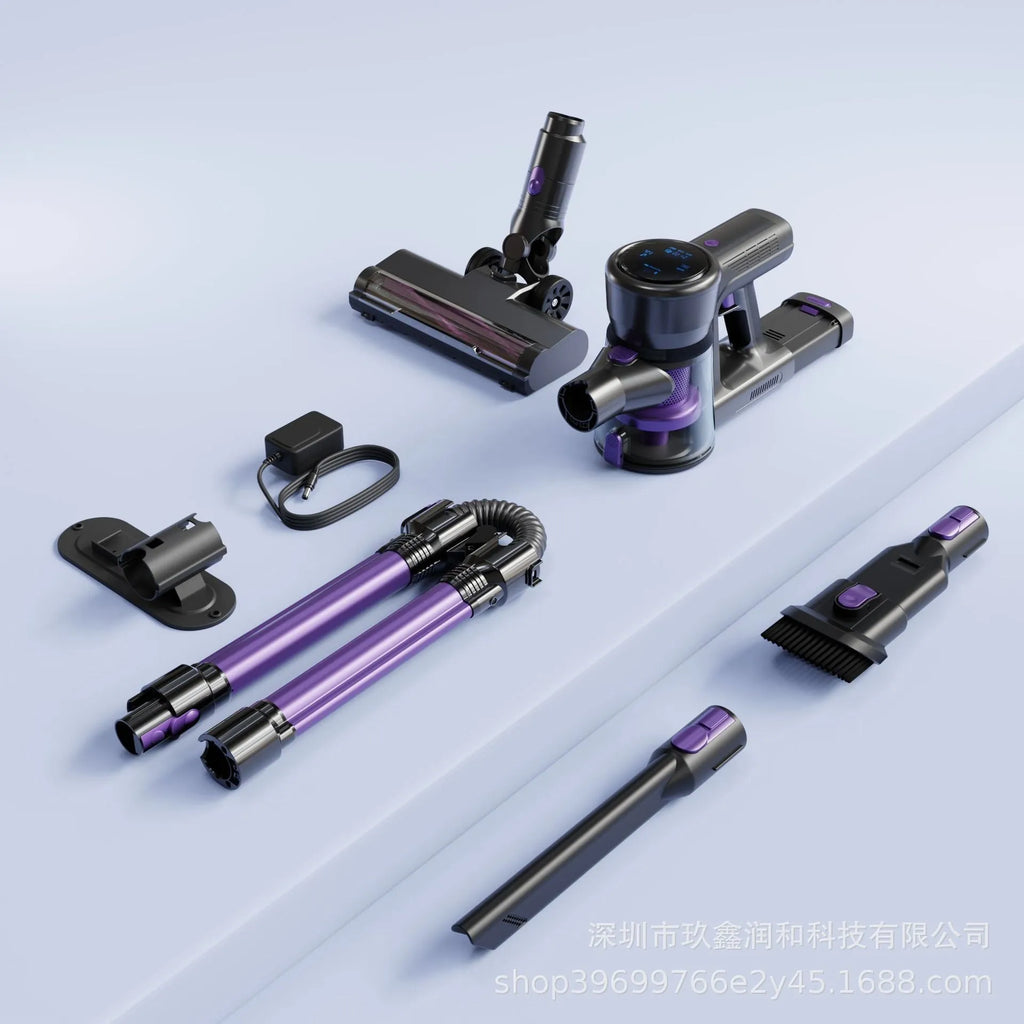 Handheld vacuum cleaner with brushless motor, foldable design, black and purple standard colour