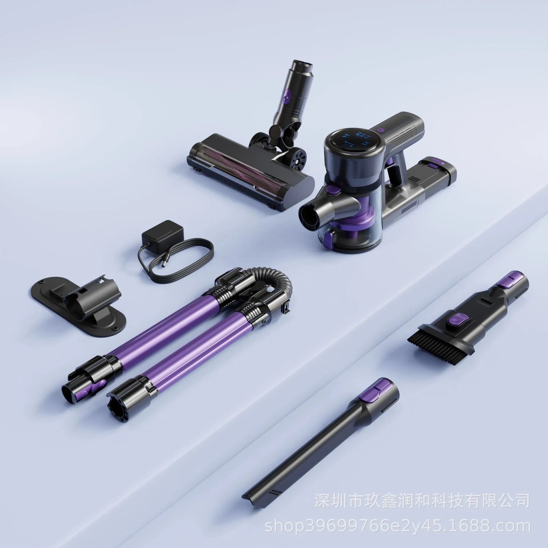 Handheld vacuum cleaner with brushless motor, foldable design, black and purple standard colour
