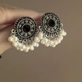 Miao maiden pearl earrings in alloy with electroplated finish, geometric round ethnic style for women, one pair