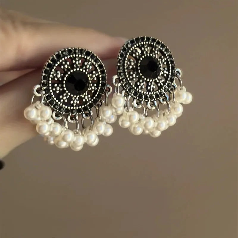 Miao maiden pearl earrings in alloy with electroplated finish, geometric round ethnic style for women, one pair