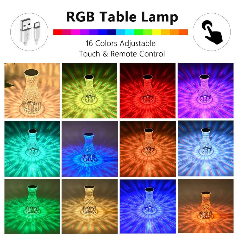 Transparent vase-shaped crystal LED table lamp on a table, showing soft coloured light.