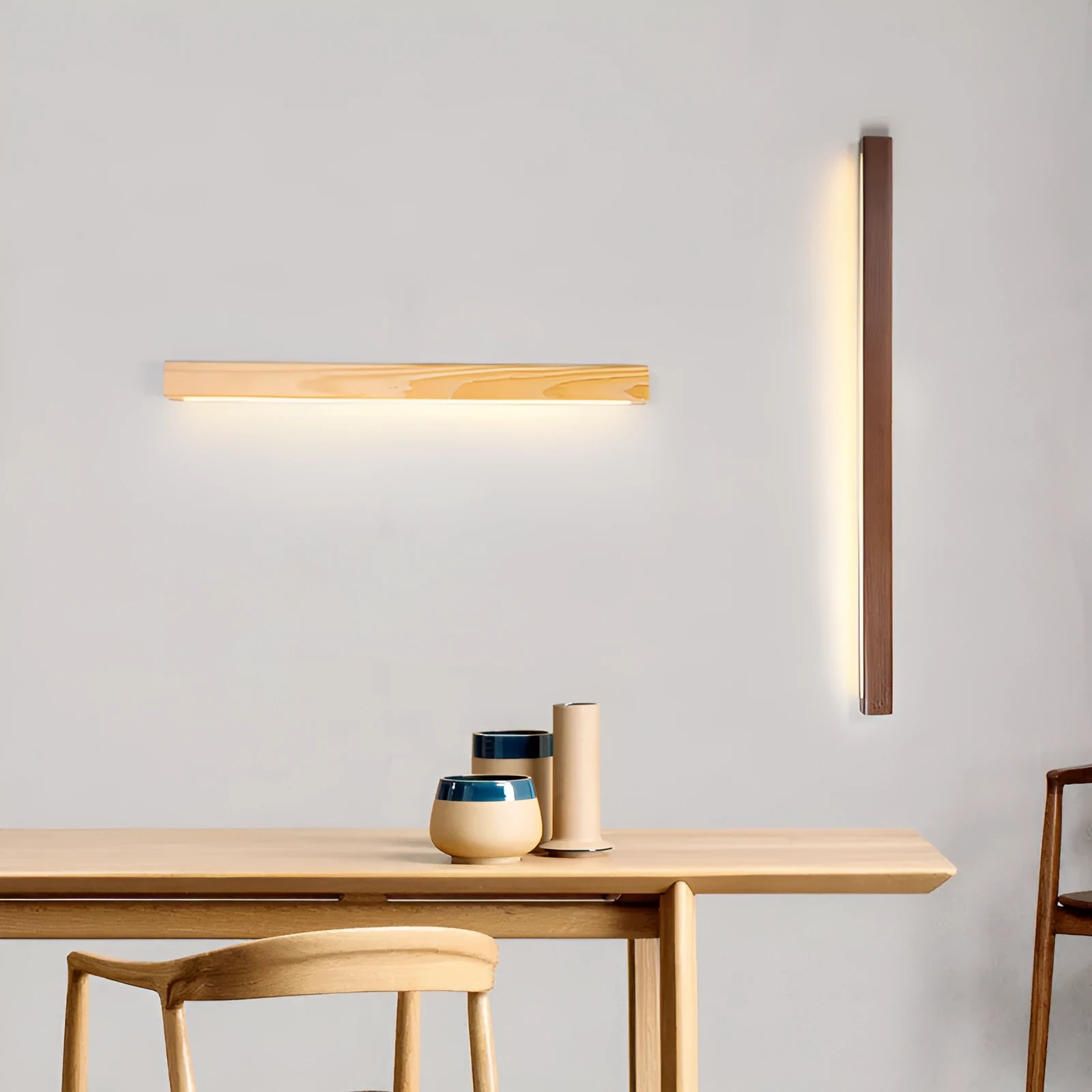 Wooden log strip wall lamp with LED lighting in walnut finish